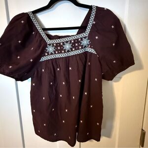 Madewell Brown Top with White Embroidery